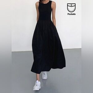 Commense Leisure Crew Neck Long Dress in Black - Size XS